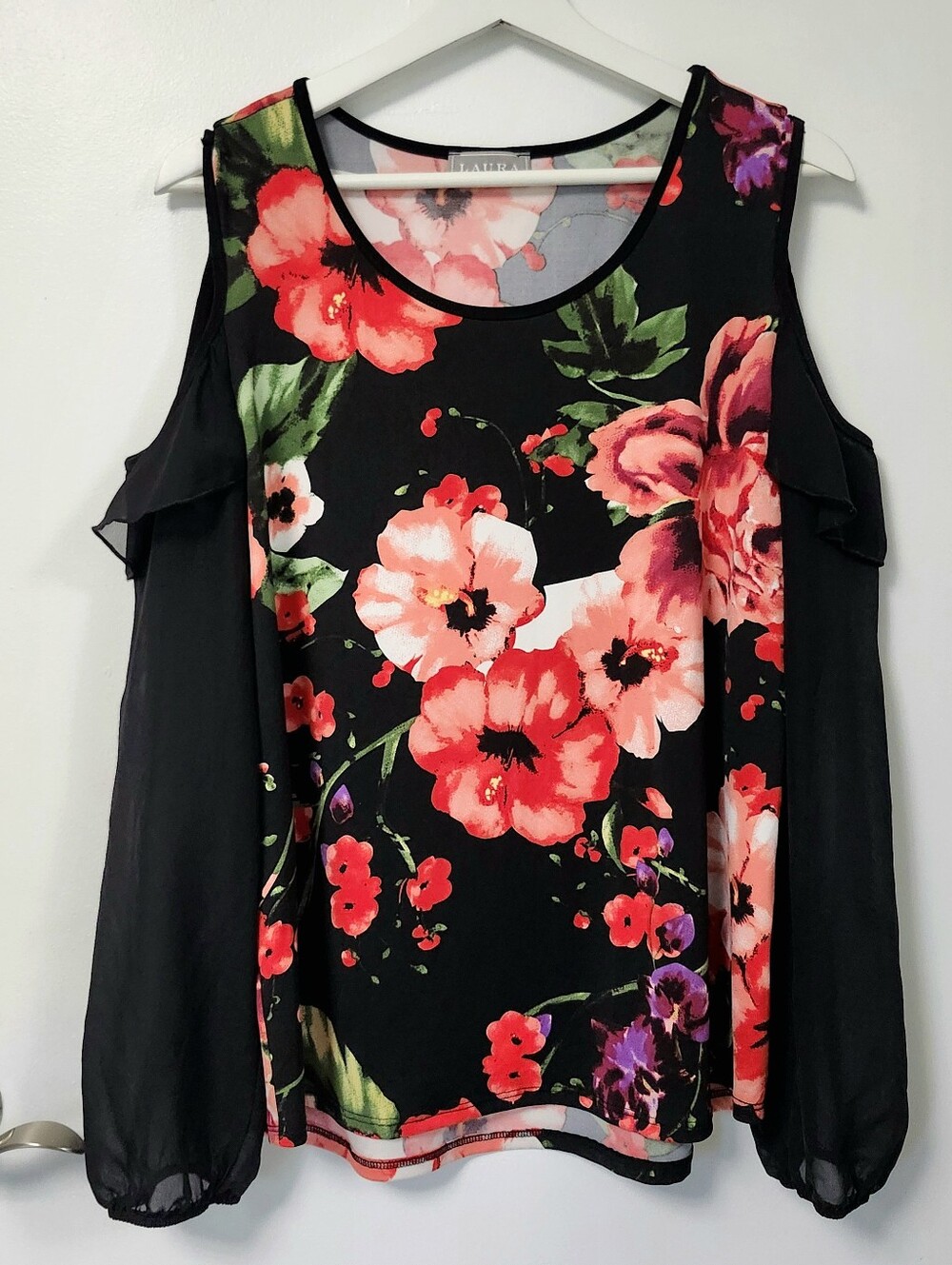 Laura sz L Cold-Shoulder Floral Blouse - Black with Red Floral Long Sleeves - Picture 11 of 11